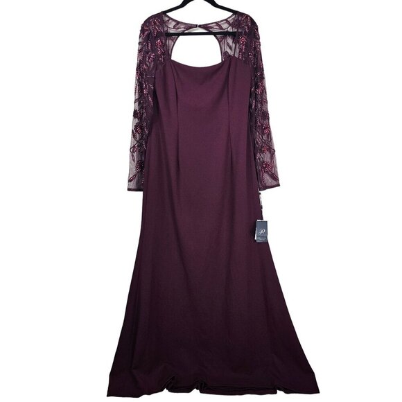Adrianna Papell Beaded Mermaid Dress Gown Sz 16 Burgundy Mesh Sleeves Formal - Picture 3 of 16